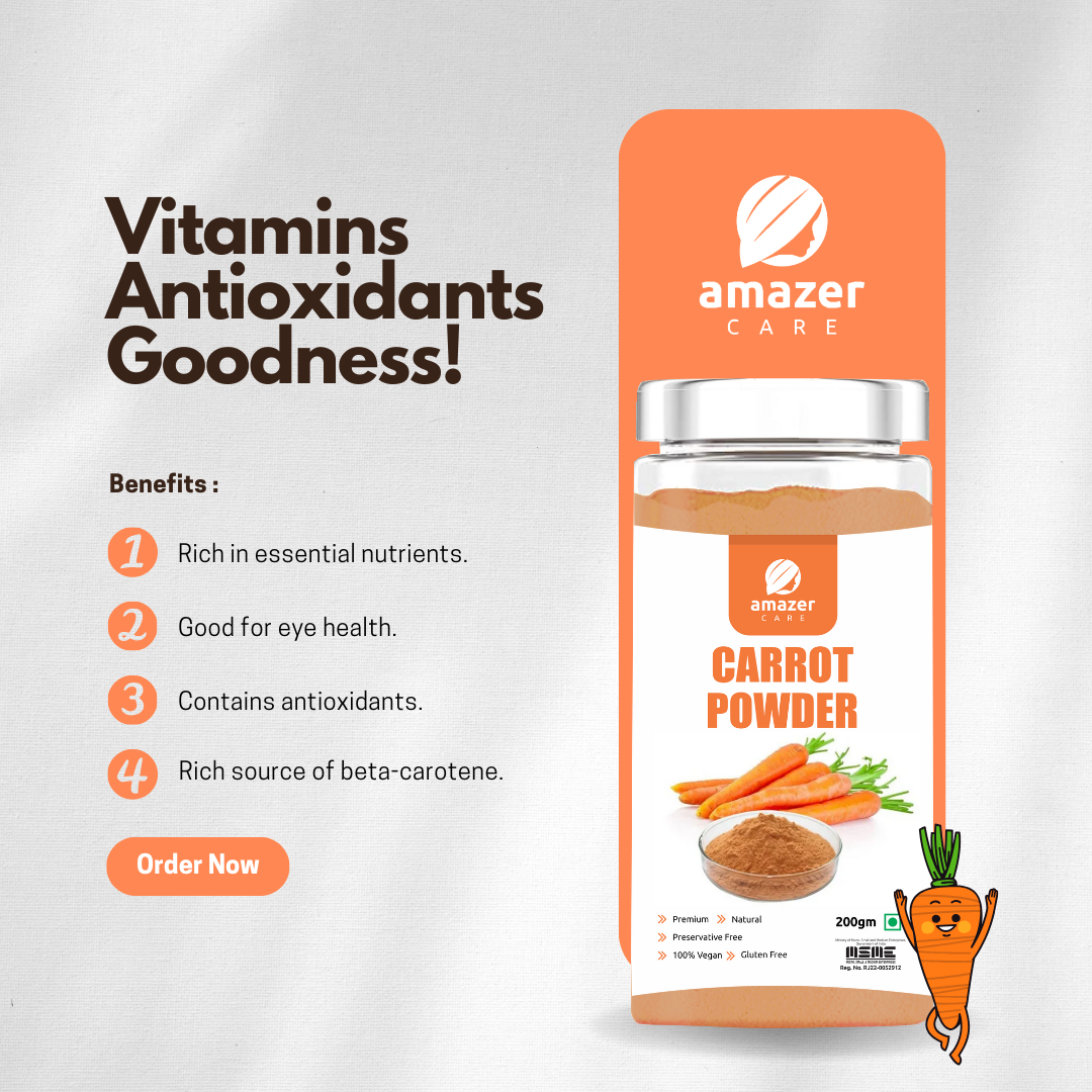 AmazerCare Carrot Powder (Dehydrated) - Beta Carotene Enriched Superfood For Healthy Eye Vision/Immune System/Skin Health for Eating & Drink, Jar Packing | Full of Nutrients