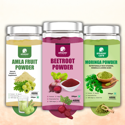 AmazerCare Beetroot + Moringa + Amla Powder - Great Immune Booster Combo, Pure & Natural For Eating & Drink, Jar Packing, Superfood, (Dehydrated, 200+100+200gm each) Full of Nutrients