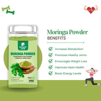 AmazerCare Moringa Powder (Moringa Leaf Powder) - Pure & Natural For Eating & Drink, Rich in Proteins, Minerals, and Antioxidants