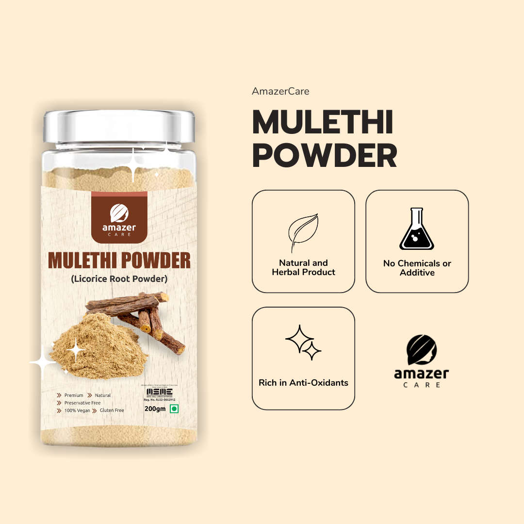 AmazerCare Mulethi Powder, Pure & Natural (Liquorice Root Powder) For General Wellness & Immune Support (200gm, Jar Packing)