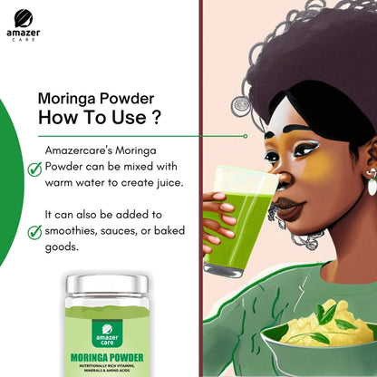 AmazerCare Moringa Powder (Moringa Leaf Powder) - Pure & Natural For Eating & Drink, Rich in Proteins, Minerals, and Antioxidants