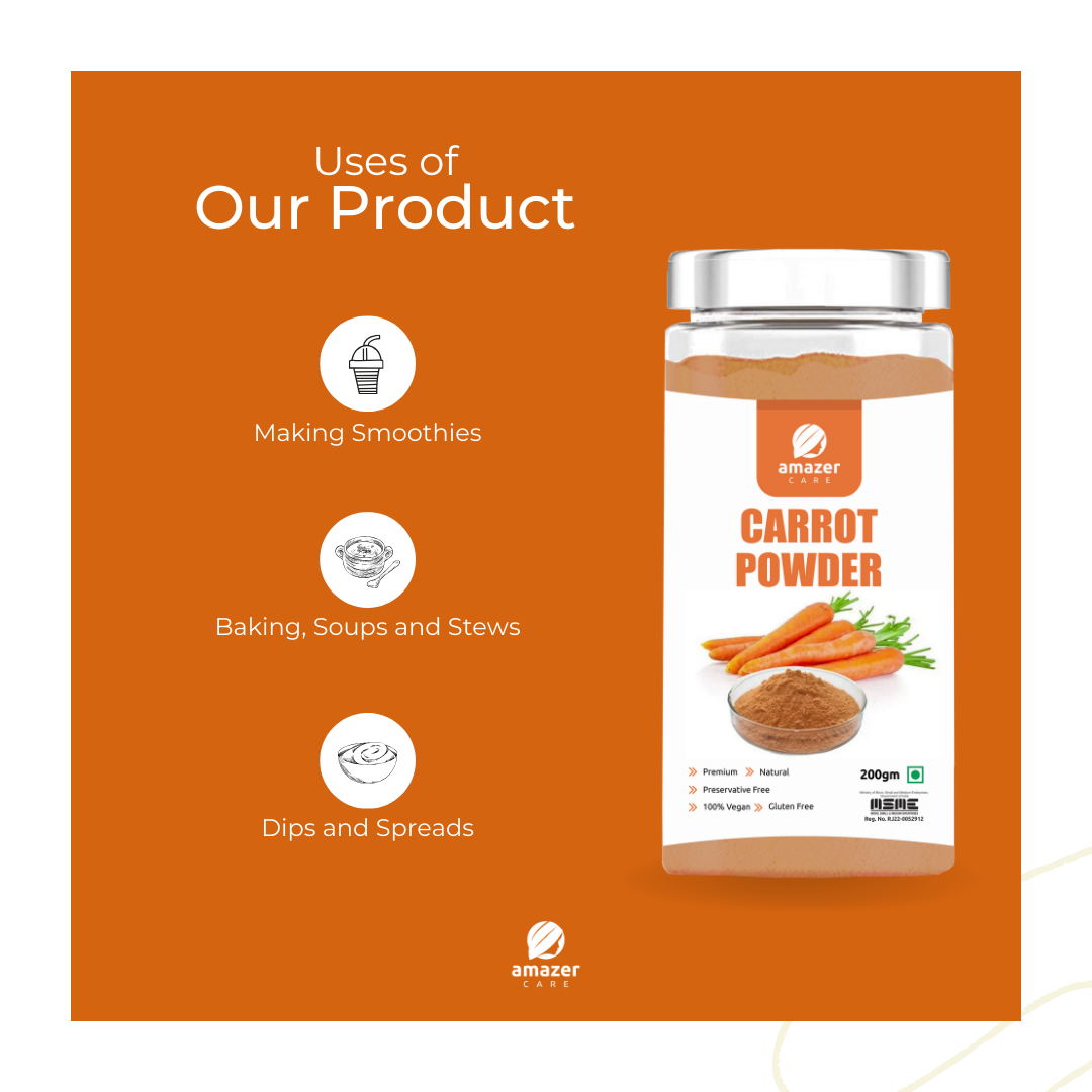 AmazerCare Carrot Powder (Dehydrated) - Beta Carotene Enriched Superfood For Healthy Eye Vision/Immune System/Skin Health for Eating & Drink, Jar Packing | Full of Nutrients