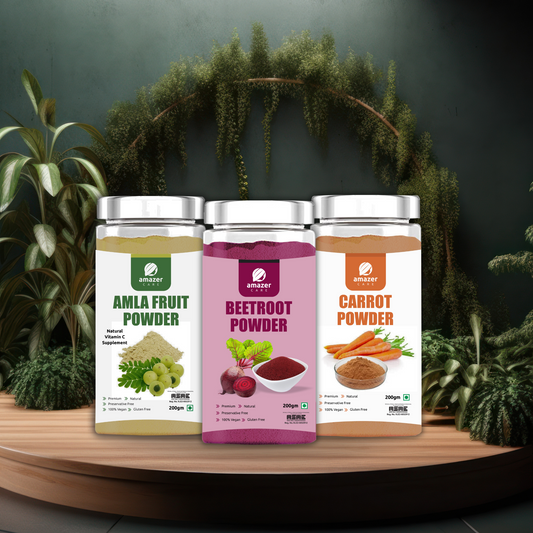 AmazerCare Beetroot + Carrot + Amla Powder (Dehydrated, 200gm each) - Great Immune Booster Combo, Pure & Natural For Eating & Drink, Jar Packing, Superfood, Full of Nutrients