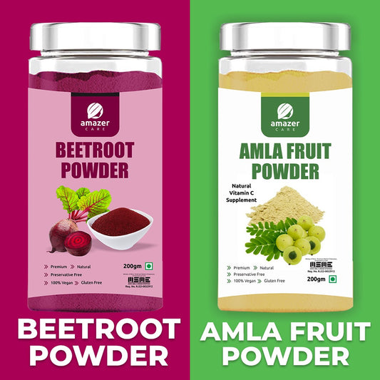 AmazerCare Amla & Beetroot Powder Combo (Dehydrated, 200gm Jar each) - Super Detox & Immune Booster Combo, Pure & Natural For Eating & Drink, For Healthy Liver, Full of Nutrients