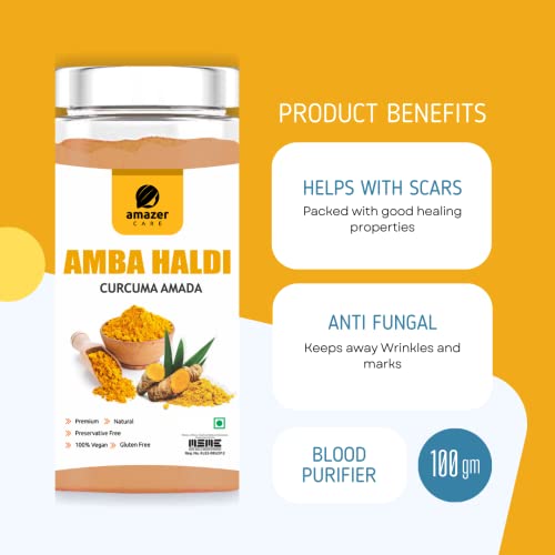 AmazerCare Amba Haldi Powder | Kasturi Haldi Powder (100gm Jar Packing) | Immunity Booster, Anti-Oxidant | Face pack for Skin Whitening | Wild Turmeric Powder